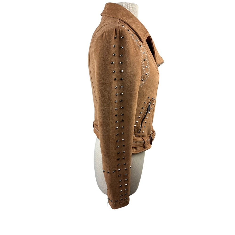 BKE Faux Suede Studded Stretch Asymmetrical Zip Moto Jacket Chestnut Brown Small - Picture 8 of 14